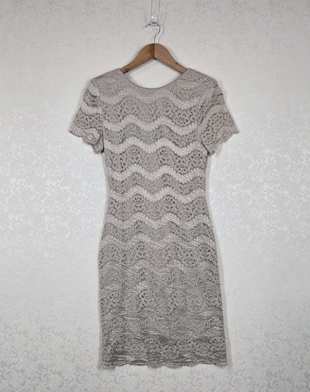 Vintage 90s Lace Cocktail Dress Metallic Beige Taupe Scalloped Hem Fitted Party